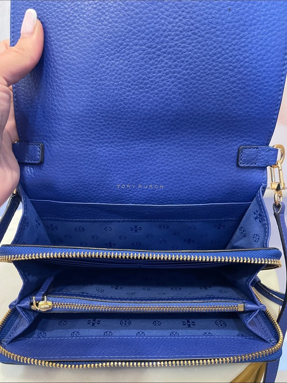 Tory Burch Pebbled Leather Crossbody in Royal Blue with Gold Hardware